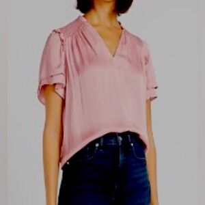 Express Satin Smocked Neck Ruffle Sleeve